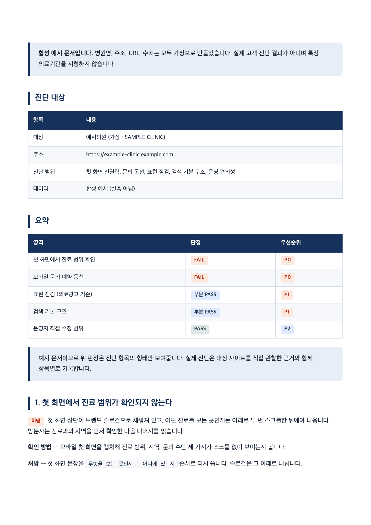 병의원 홈페이지 진단 판정 항목 예시, 합성 데이터