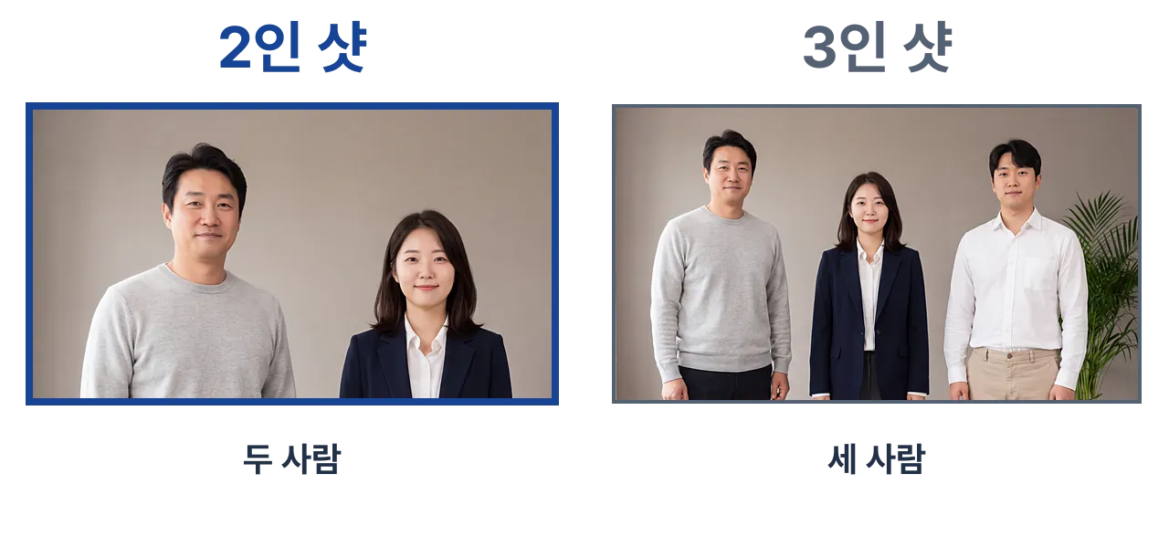 같은 공간에서 왼쪽은 두 사람, 오른쪽은 세 사람을 담은 그룹 샷 비교