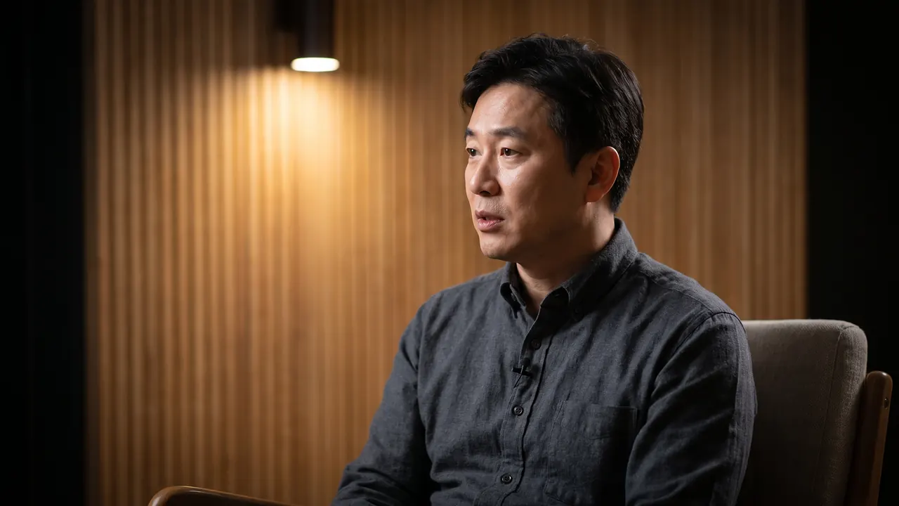 어두운 배경과 따뜻한 나무 벽 앞에서 인물이 렌즈 옆의 질문자를 보며 답하는 인터뷰 화면