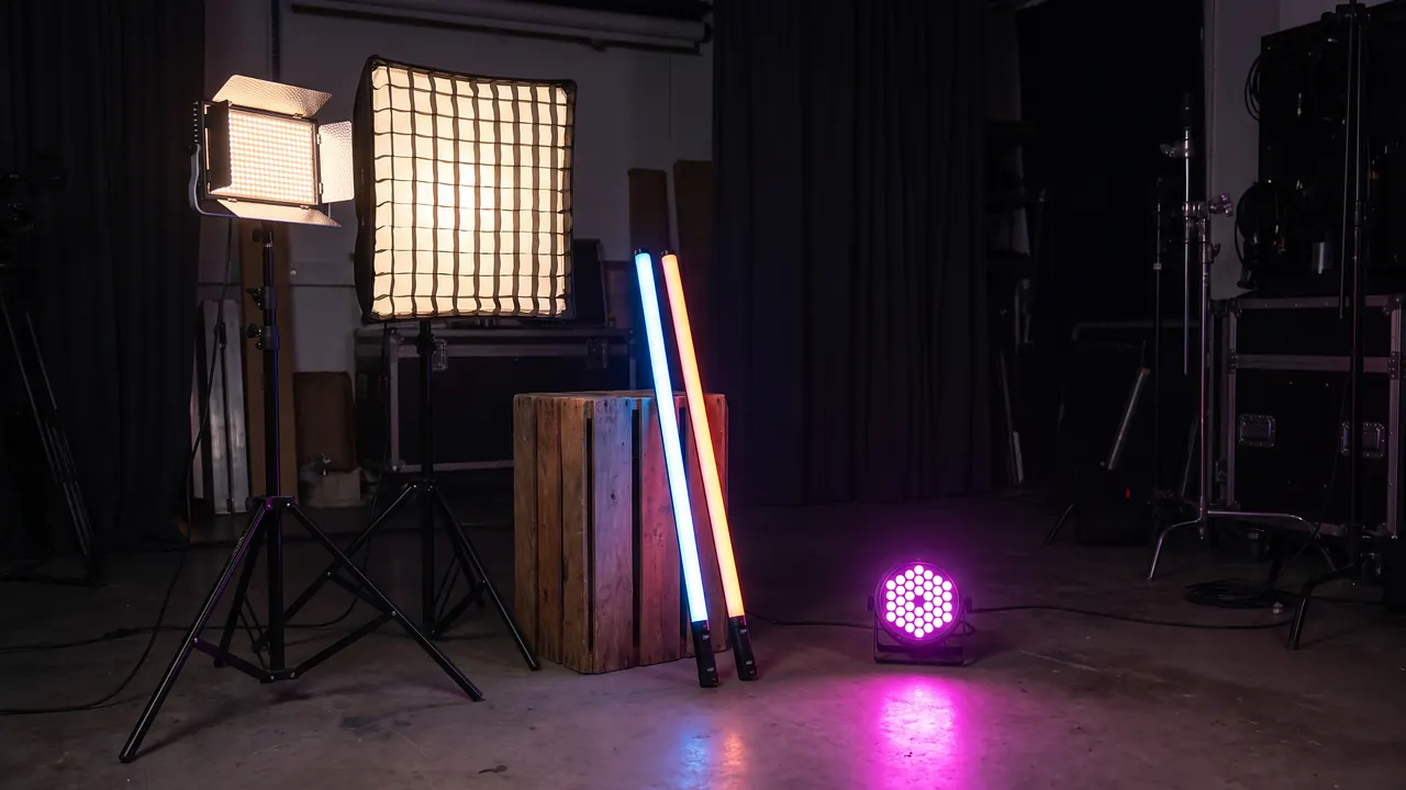 스탠드 위 LED 패널과 세로로 선 LED 튜브 두 개, 바닥의 작은 LED PAR가 켜져 있는 모습