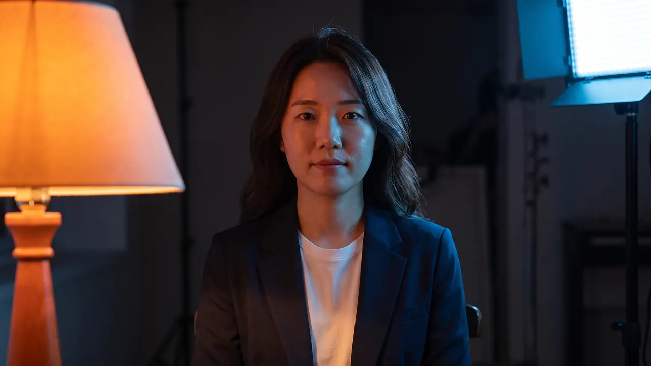 왼쪽의 주황빛 텅스텐 스탠드와 오른쪽의 푸른 LED 조명이 같은 얼굴을 서로 다른 색으로 비추는 장면