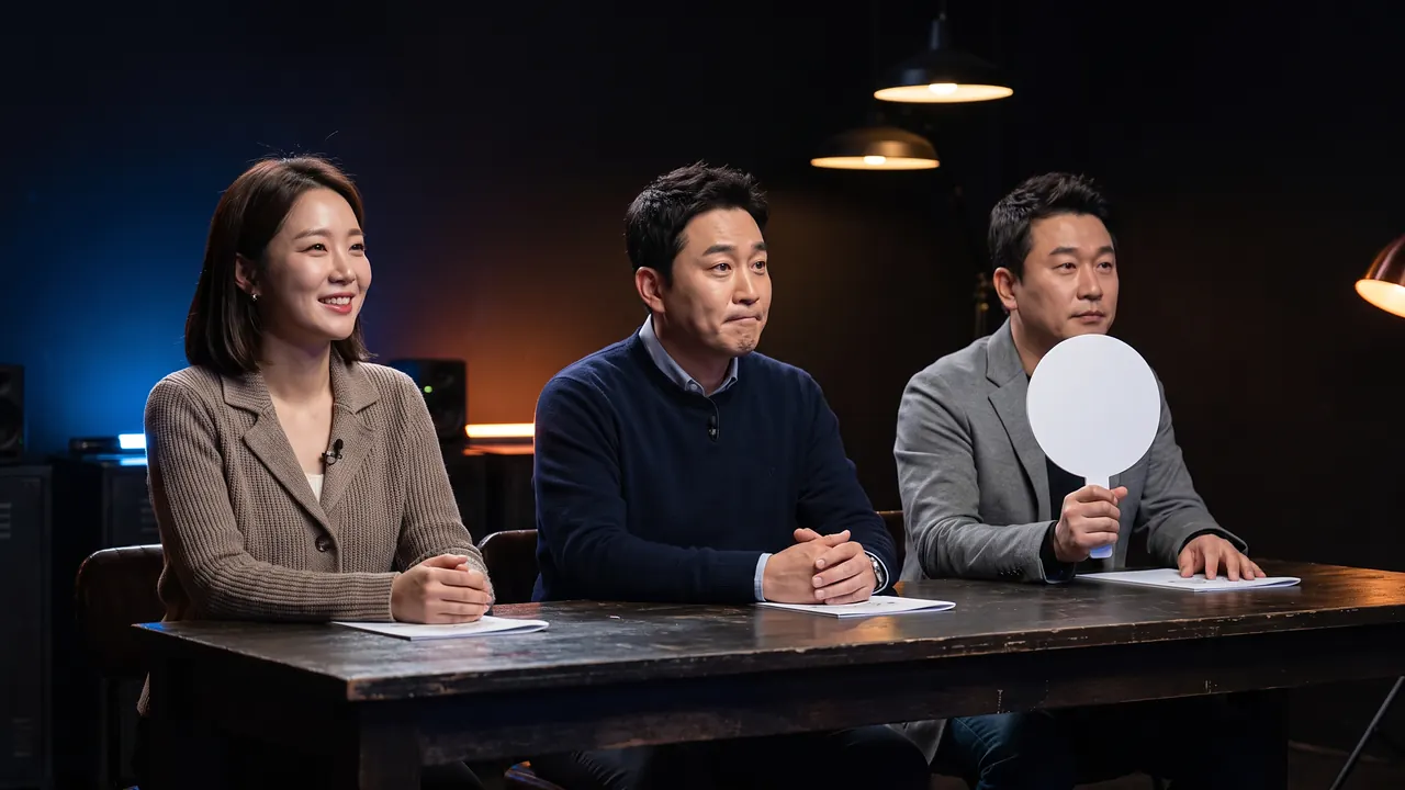 판정단 세 사람이 발언을 들으며 웃고 고개를 끄덕이고 점수판을 드는 리액션 장면