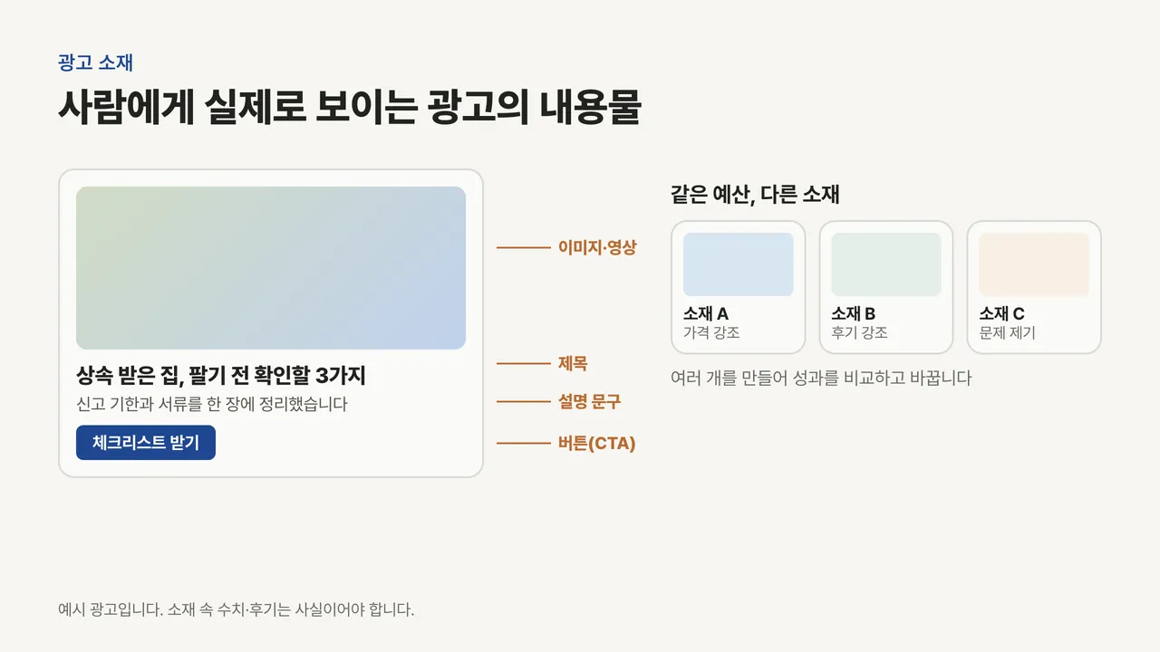 광고 카드를 이미지·영상, 제목, 설명 문구, 버튼 네 부분으로 나눠 표시하고, 오른쪽에 가격·후기·문제 제기를 강조한 소재 A·B·C를 비교한 그림