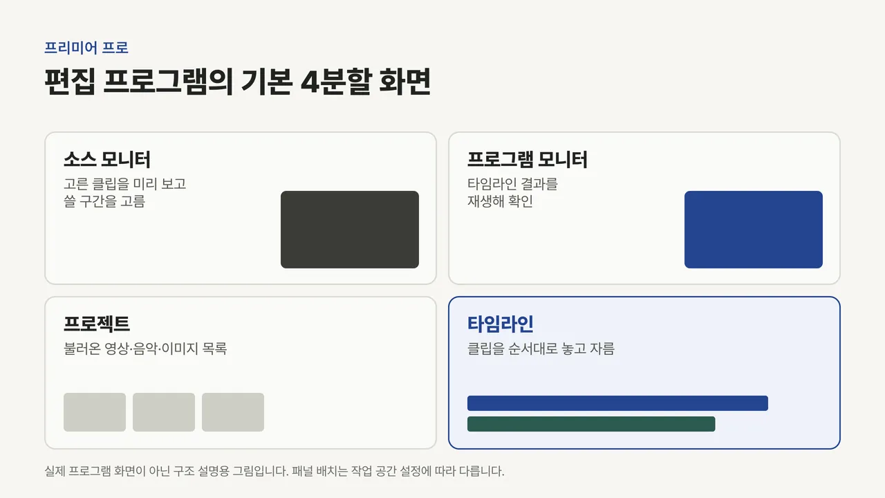 소스 모니터, 프로그램 모니터, 프로젝트, 타임라인 네 영역으로 나눈 편집 프로그램 구조 그림