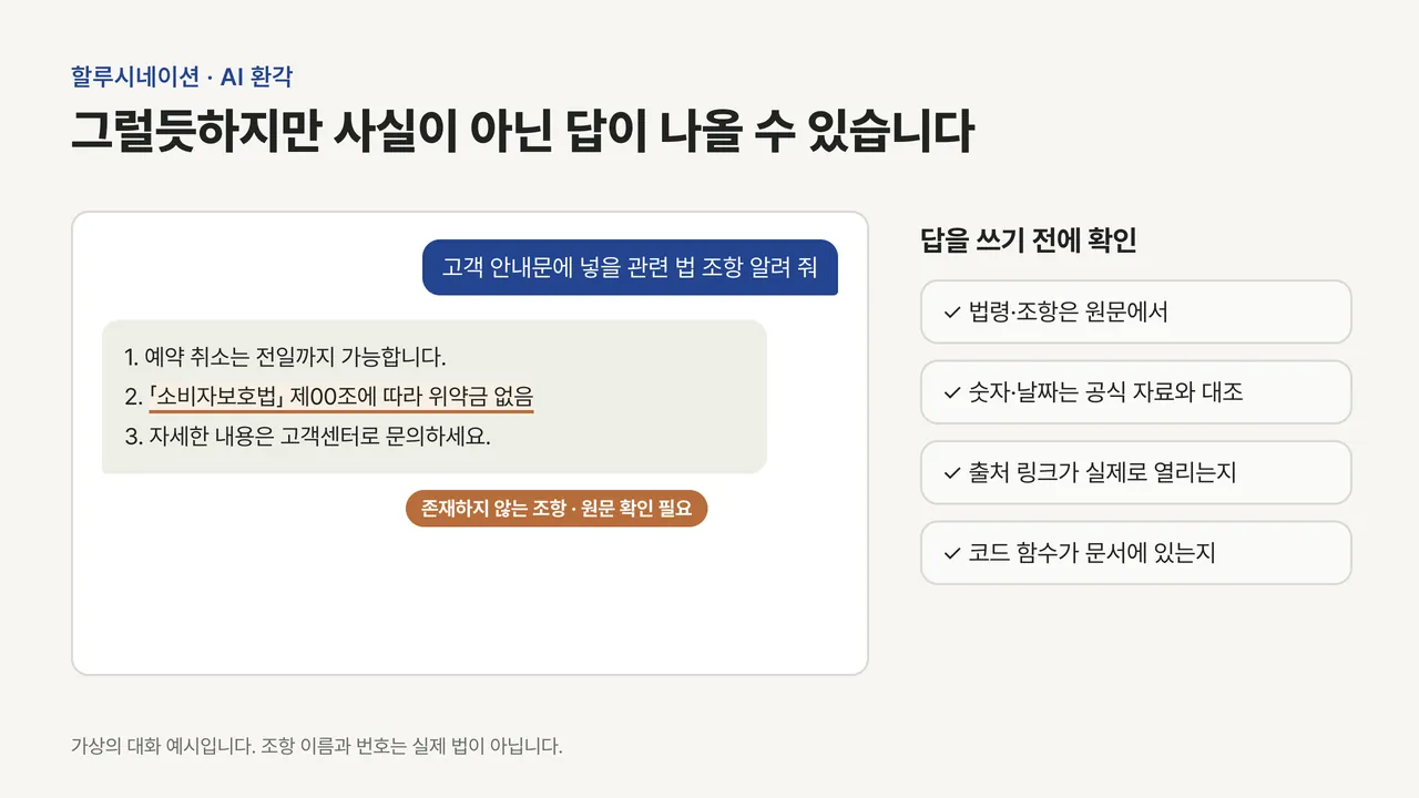 AI 채팅 답변 세 줄 중 존재하지 않는 법 조항을 인용한 줄이 주황색으로 표시되고, 오른쪽에 원문·숫자·링크·코드 확인 체크리스트가 있는 도식