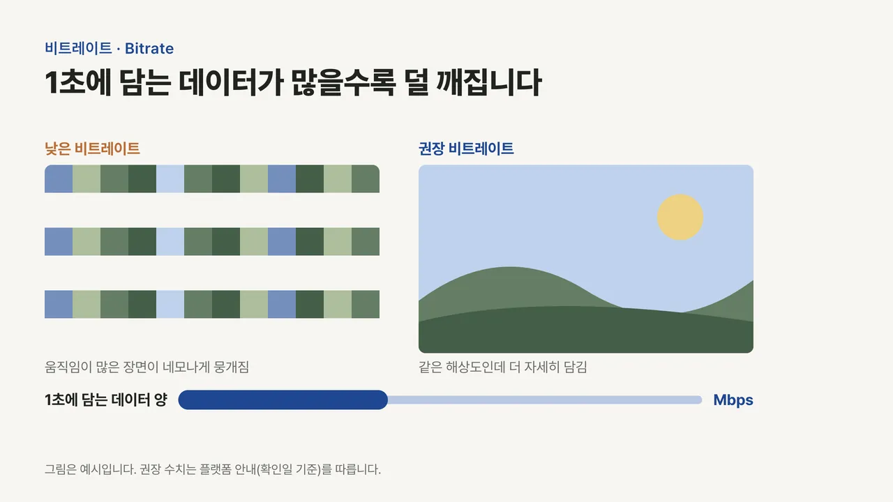 같은 장면을 낮은 비트레이트로 담아 네모나게 깨진 화면과 권장 비트레이트로 선명하게 담은 화면의 비교
