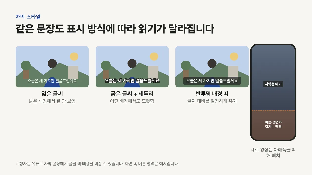 같은 장면 위에 얇은 글씨, 굵은 글씨와 테두리, 반투명 배경 띠 세 가지 자막을 비교하고 세로 화면 아래쪽 겹침 영역을 표시한 그림