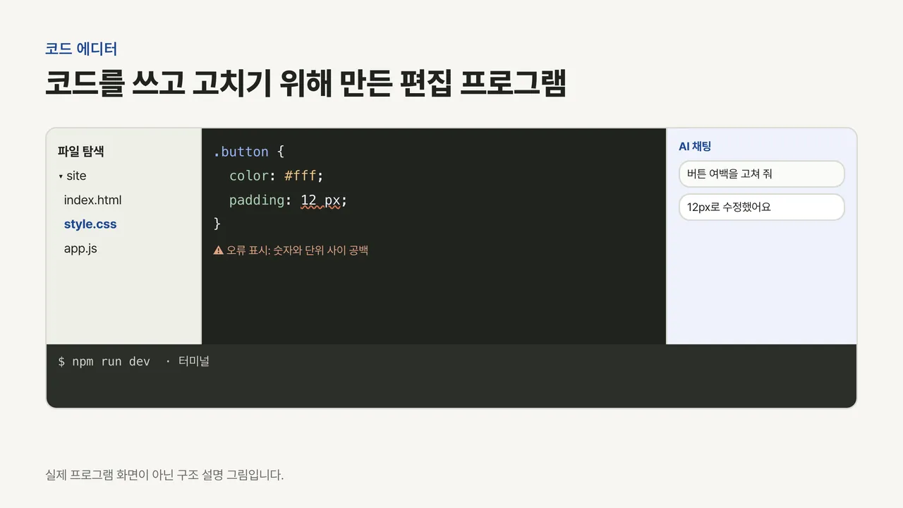 왼쪽 파일 탐색, 가운데 색으로 구분된 코드와 오류 물결선, 오른쪽 AI 채팅, 아래 터미널로 나뉜 편집기 구조