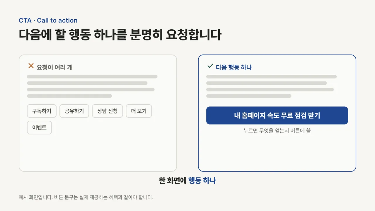 버튼 다섯 개가 흩어진 페이지와 무료 점검 받기 버튼 하나만 있는 페이지를 나란히 비교한 그림