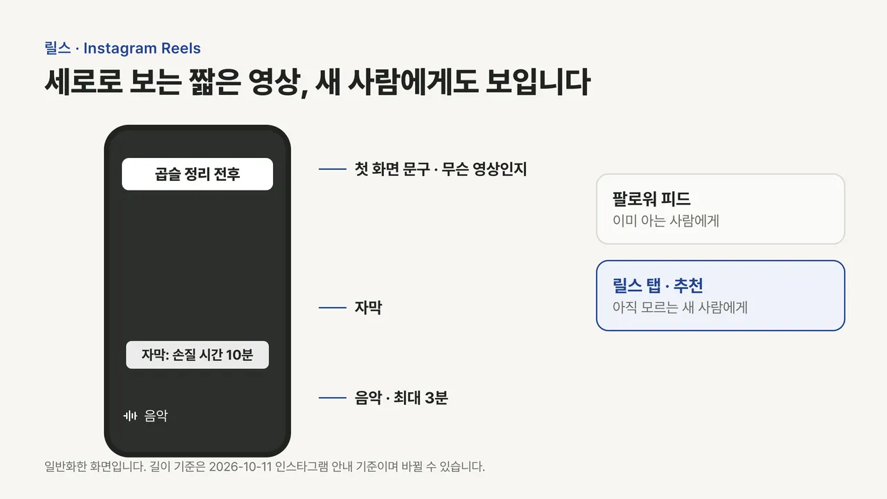 세로 휴대폰 화면에 첫 화면 문구, 자막, 음악 라벨이 달려 있고 오른쪽에 팔로워 피드와 릴스 탭 추천 두 가지 노출 경로가 표시된 그림