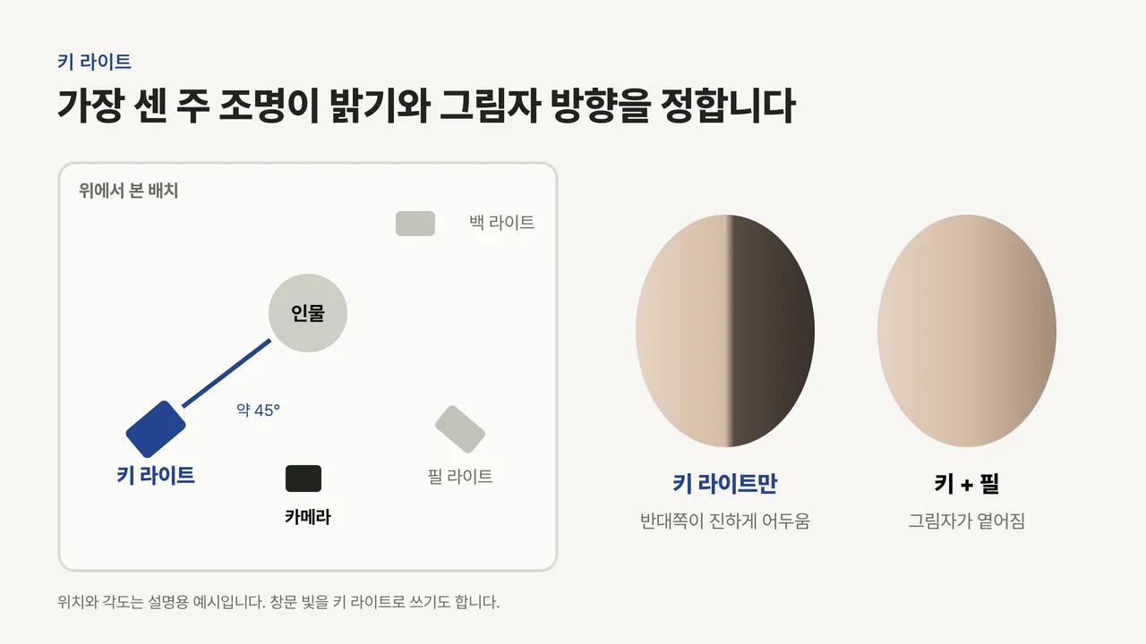 위에서 본 3점 조명 배치에서 인물 앞 약 45도의 키 라이트를 강조하고, 키 라이트만 쓴 얼굴과 필 라이트를 더한 얼굴을 비교한 그림