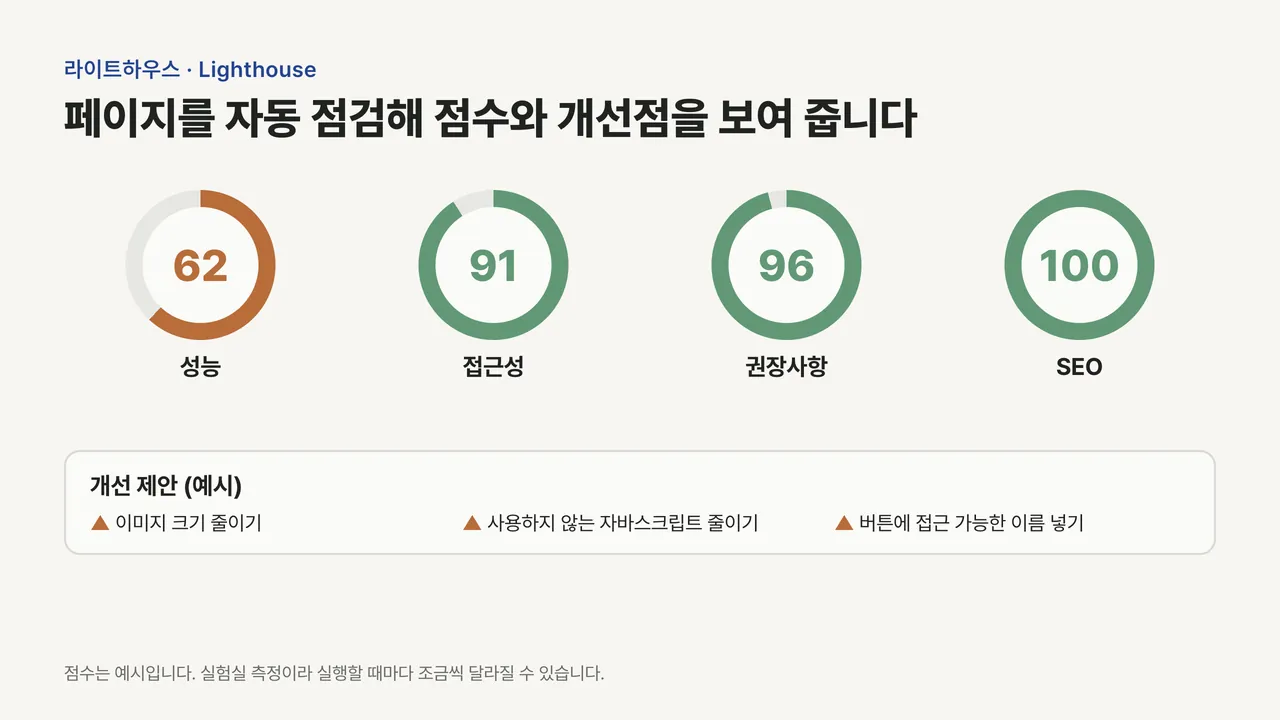 성능·접근성·권장사항·SEO 네 항목의 원형 점수(예시 값)와 이미지 크기 줄이기 같은 개선 제안 목록을 보여 주는 결과 화면 도식