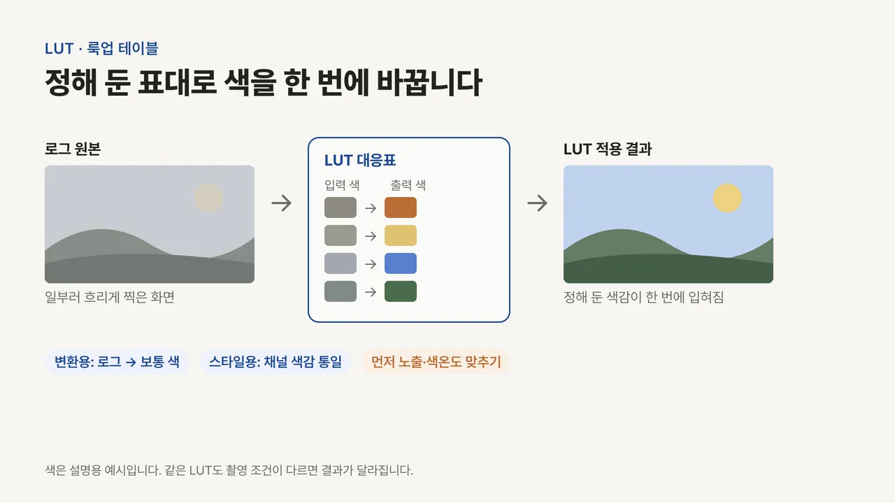 흐린 로그 원본 화면이 입력 색을 출력 색으로 바꾸는 LUT 대응표를 거쳐 색이 살아난 화면으로 바뀌는 흐름도