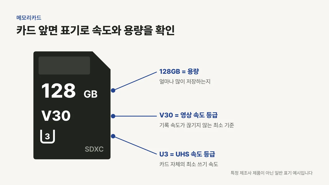 메모리카드 앞면의 128GB 용량, V30 영상 속도 등급, U3 UHS 속도 등급 표기 위치를 가리킨 그림