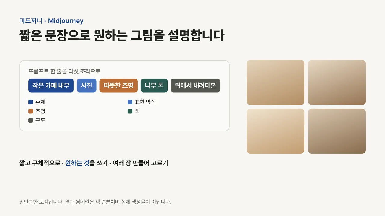 작은 카페 내부, 사진, 따뜻한 조명, 나무 톤, 위에서 내려다본 구도로 나뉜 프롬프트 조각과 오른쪽 결과 썸네일 네 칸 격자
