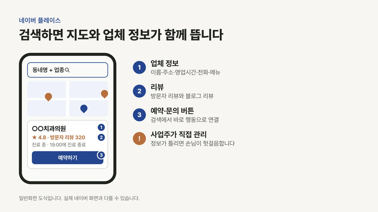 휴대폰 화면에 동네명과 업종 검색창, 지도 핀, 업체 카드(업체명·별점·영업시간·예약 버튼)가 있고 업체 정보·리뷰·예약 버튼에 번호를 붙인 도식