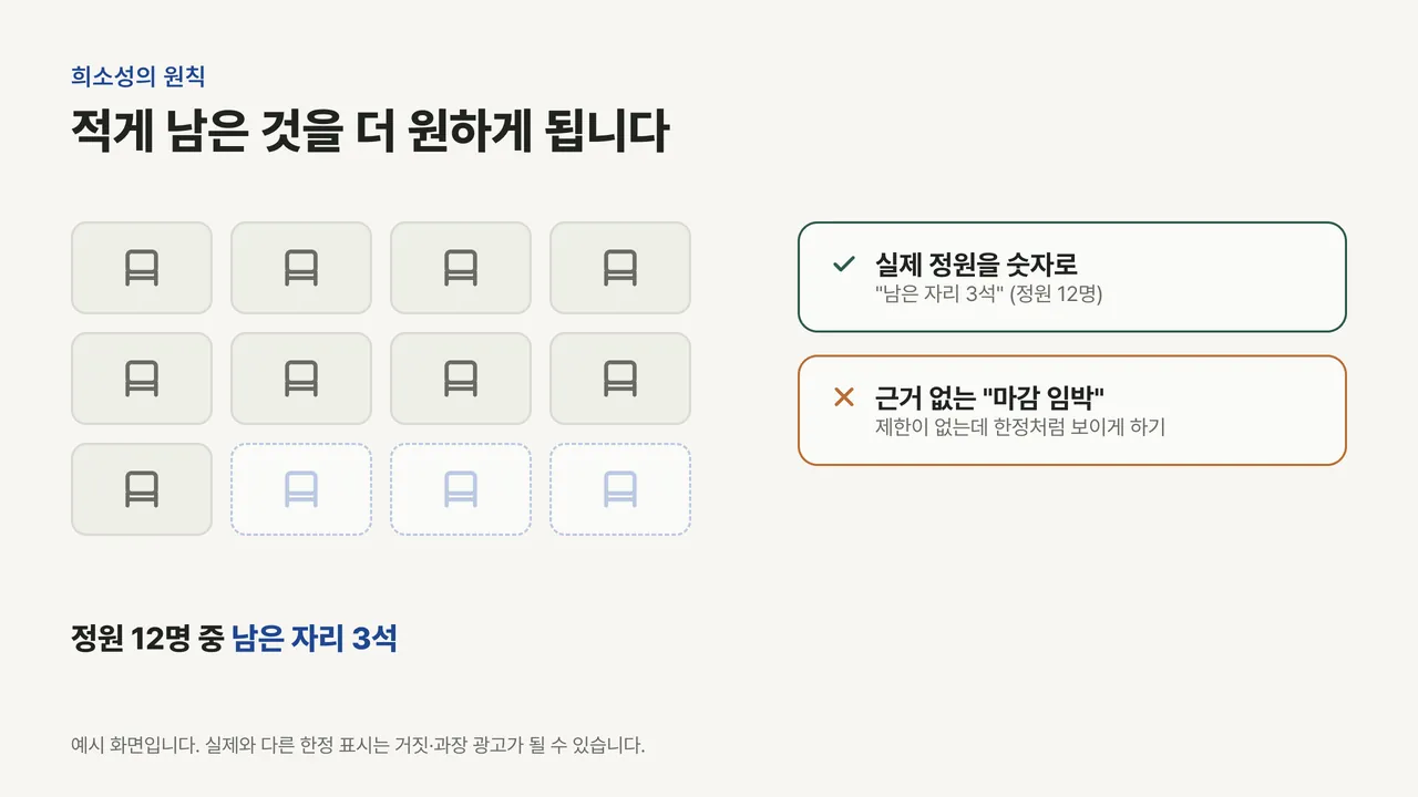 정원 12석 중 9석이 차고 3석이 비어 남은 자리 3석을 강조한 좌석 그림과, 실제 정원 표시는 적절하고 근거 없는 마감 임박은 부적절하다는 비교 카드