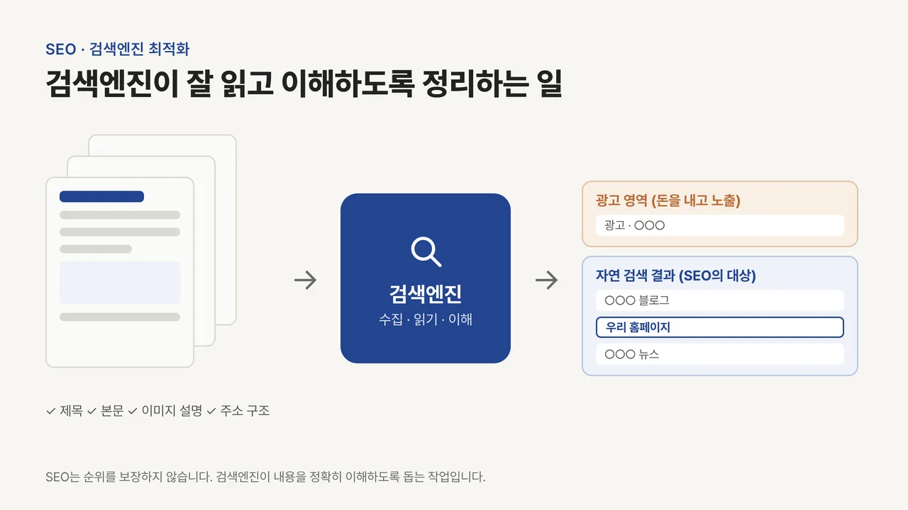 웹페이지 묶음이 검색엔진을 거쳐 검색 결과로 이어지고, 결과 화면에서 광고 영역과 자연 검색 결과 영역을 다른 색으로 구분한 흐름도