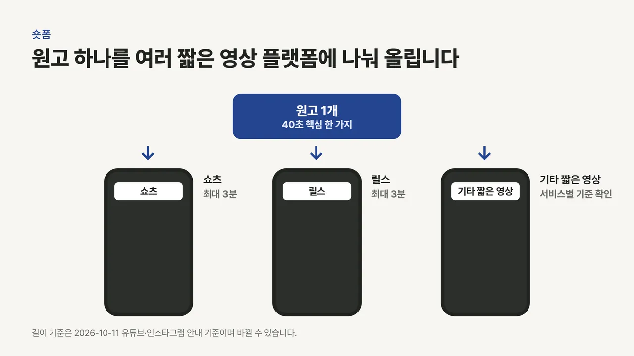 원고 1개 카드에서 쇼츠, 릴스, 기타 짧은 영상 세 개의 세로 휴대폰 화면으로 갈라지는 화살표와 각 길이 기준 라벨이 있는 그림