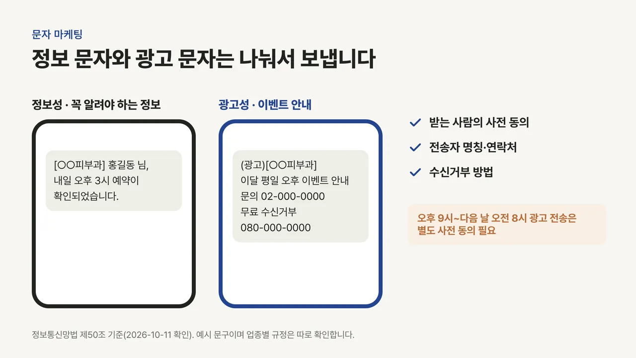 예약 확인 정보성 문자와 이벤트 안내 광고성 문자를 휴대폰 두 대로 비교하고, 광고 문자에 필요한 사전 동의, 전송자 명칭과 연락처, 수신거부 방법, 야간 별도 동의를 표시한 그림