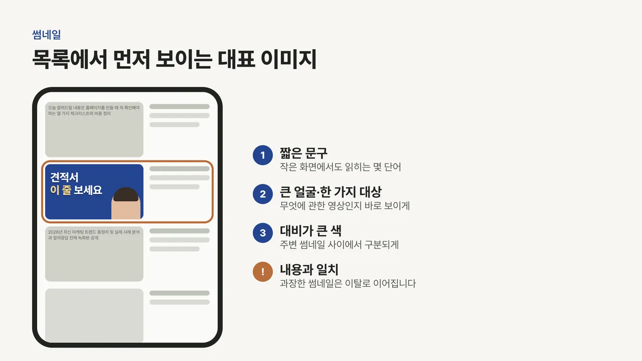 휴대폰 영상 목록에서 글자가 빽빽한 썸네일들 사이에 짧은 문구, 큰 얼굴, 대비가 큰 색을 쓴 썸네일 하나가 강조된 도식