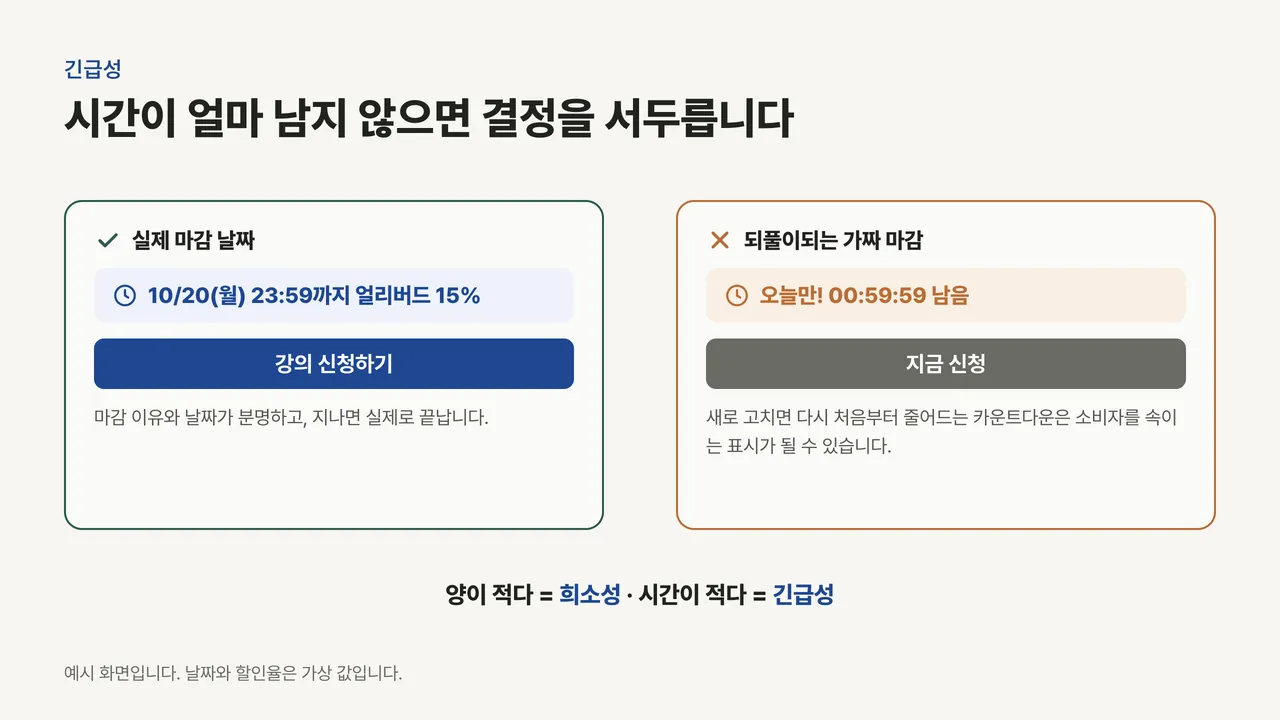 실제 날짜가 적힌 얼리버드 마감 배너와 새로 고칠 때마다 다시 줄어드는 가짜 카운트다운 배너를 비교하고, 희소성은 양, 긴급성은 시간이라는 구분을 적은 그림